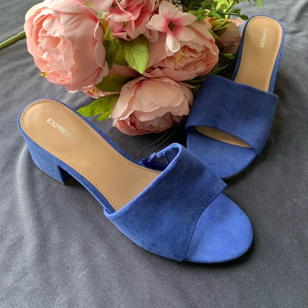 Express blue “suede” slip on mules NWT